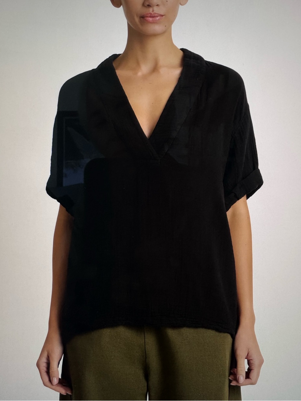 XiRENA Black Gauze V-Neck Short Sleeve Blouse shirt ze Small